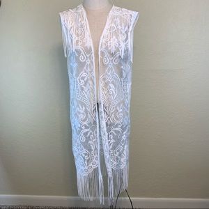 White Lace Fringe Kimono Vest